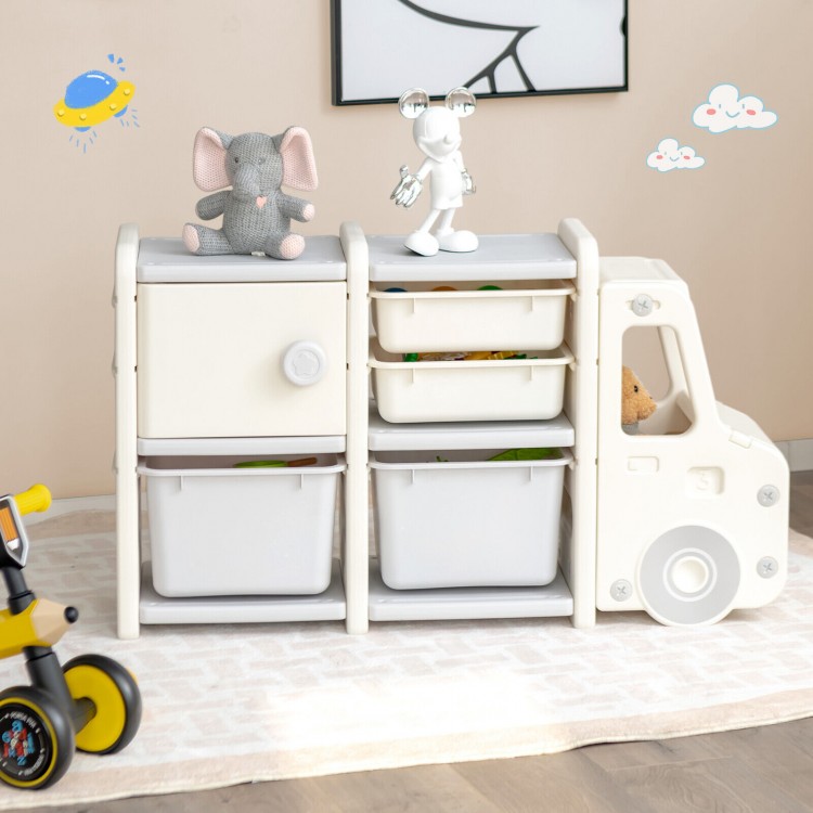 Toddler truck storage organizer in beige with 2 large bins and removable drawers, perfect for kids' room organization.