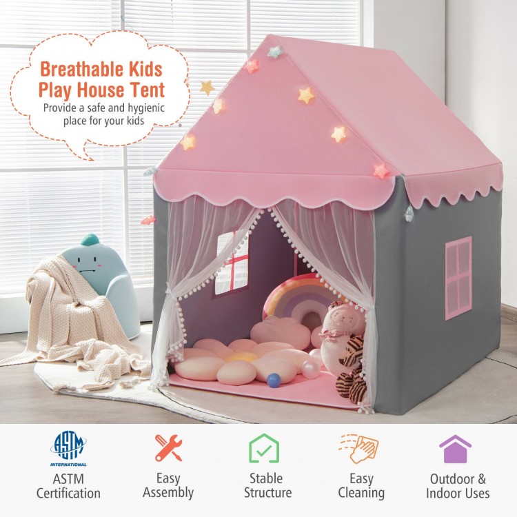 Kids playhouse tent in pink with star lights, breathable fabric, and a comfortable mat for indoor and outdoor fun.