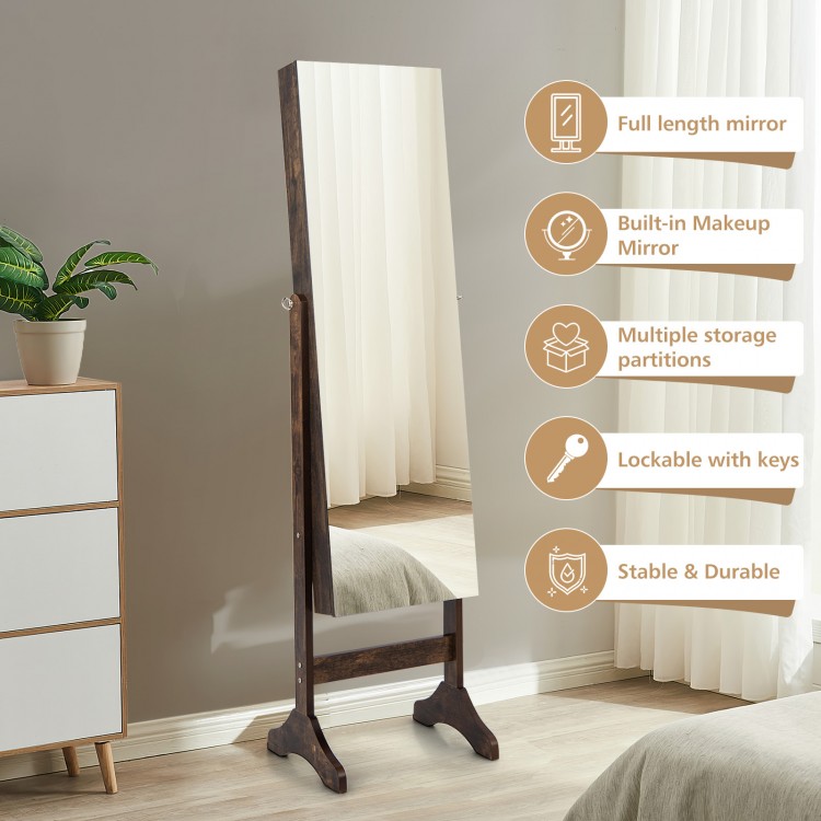 Standing jewelry cabinet with full length mirror in brown, featuring built-in makeup mirror and lockable storage for.