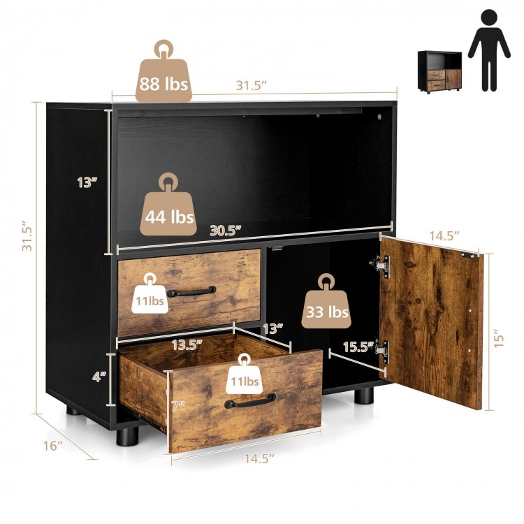 Kitchen storage buffet sideboard in black with rustic brown drawers, featuring 2 drawers, 1 cabinet, and open shelf for.