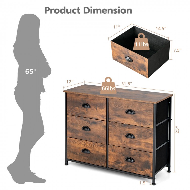 6-drawer fabric storage chest in rustic brown with a wooden top, featuring metal handles and a sturdy steel frame.