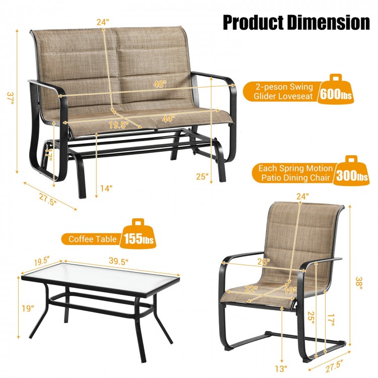 4-piece outdoor patio furniture set featuring a padded glider loveseat and coffee table for cozy outdoor relaxation.
