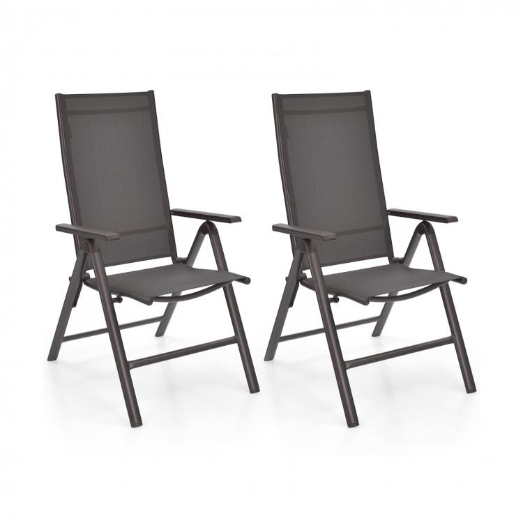Set of 2 gray patio folding dining chairs with adjustable backrest and sturdy aluminum frame for outdoor use.