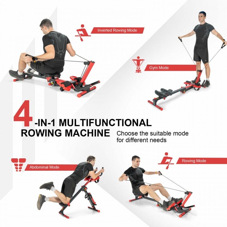4-in-1 folding rowing machine in abdominal mode, featuring adjustable seat and sturdy steel frame for diverse home.