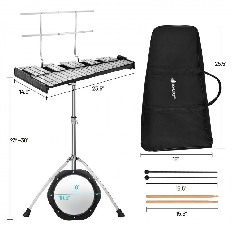 32-note glockenspiel xylophone with adjustable stand, sturdy frame, and removable cushion for versatile use indoors or.