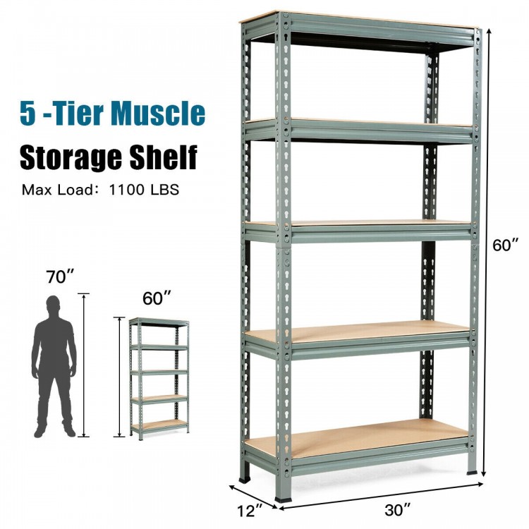5-tier steel shelving unit in gray with adjustable MDF shelves, ideal for heavy-duty storage in various settings.