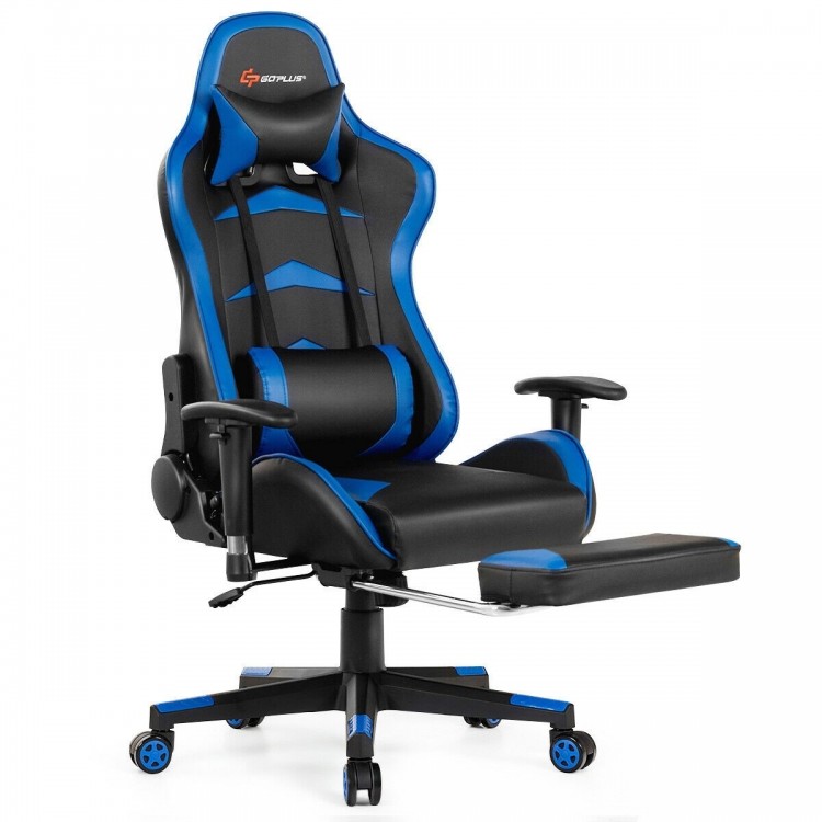 Massage gaming chair in blue showcasing a comfortable design with a retractable footrest and lumbar pillow for.