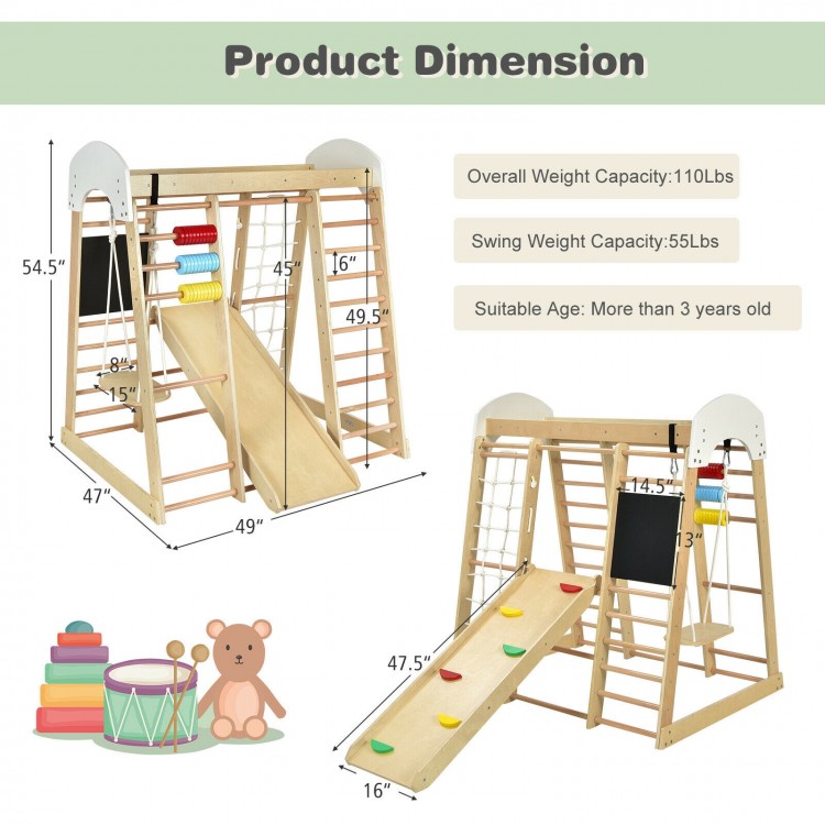 Wooden 8-in-1 indoor playground climbing gym with slide, suitable for children over 3 years, supports up to 110 lbs.