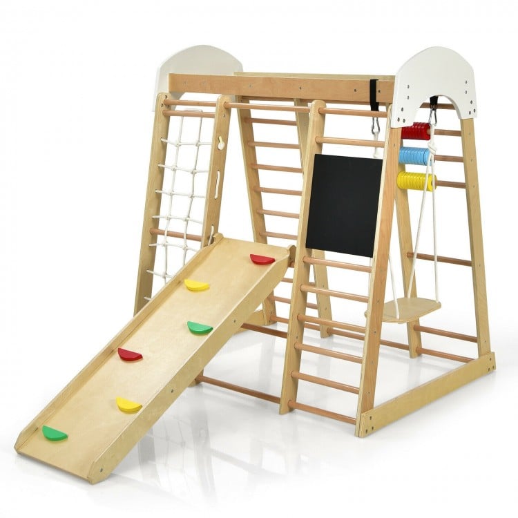 Wooden 8-in-1 indoor playground climbing gym with slide, swing, and climbing features for children, supporting up to.