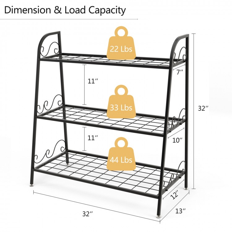 3-tier metal plant stand shelf with dimensions and load capacities, ideal for displaying plants and shoes in any space.