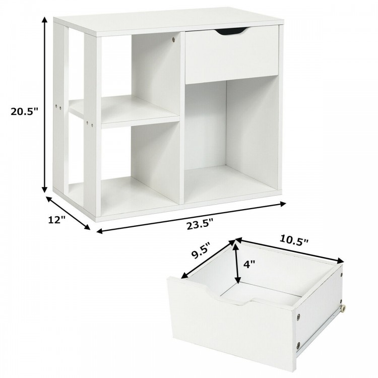 3-tier side table in white with open shelf and large drawer, perfect for storage in living room or bedroom.