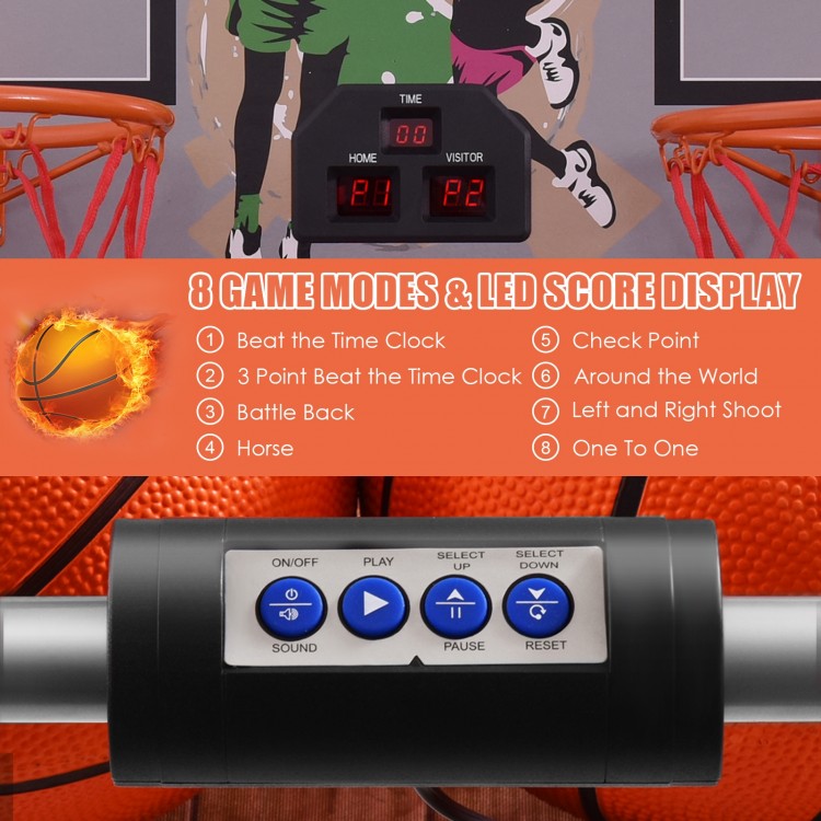 Foldable double electronic basketball game with LED score display, two hoops, and four balls for indoor family fun.