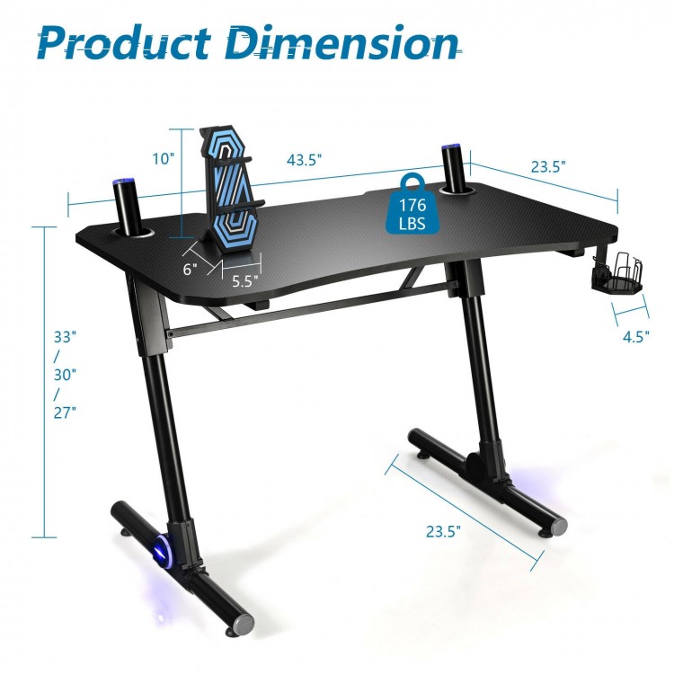 Height adjustable gaming desk with blue LED lights, carbon fiber surface, and Z-shaped legs for stability and style.