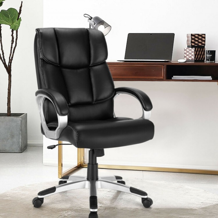 Big and tall adjustable high back leather executive desk chair with padded armrests, suitable for office use.