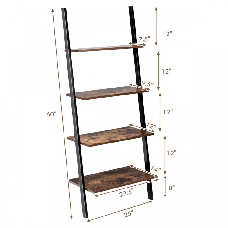 4-tier industrial leaning wall bookcase with brown particleboard shelves and metal frame, ideal for home organization.