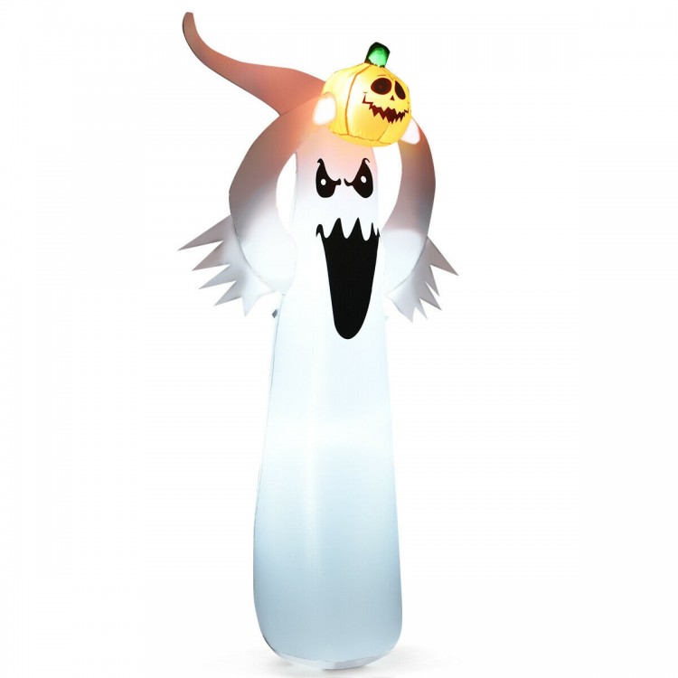 6-foot inflatable Halloween ghost with pumpkin, LED lights, and scary expression, perfect for indoor and outdoor decor.