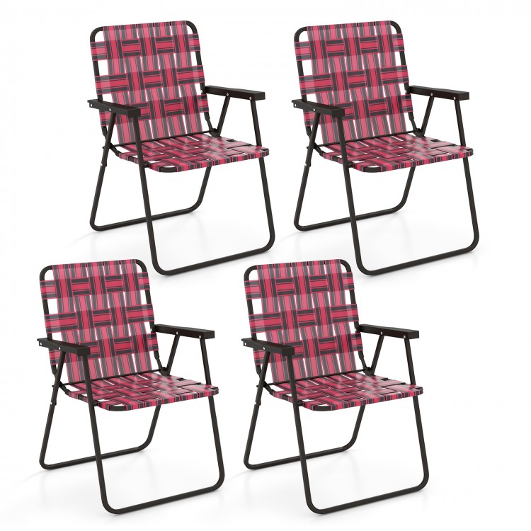 Four red folding beach chairs with a reinforced steel frame, perfect for camping and outdoor activities.