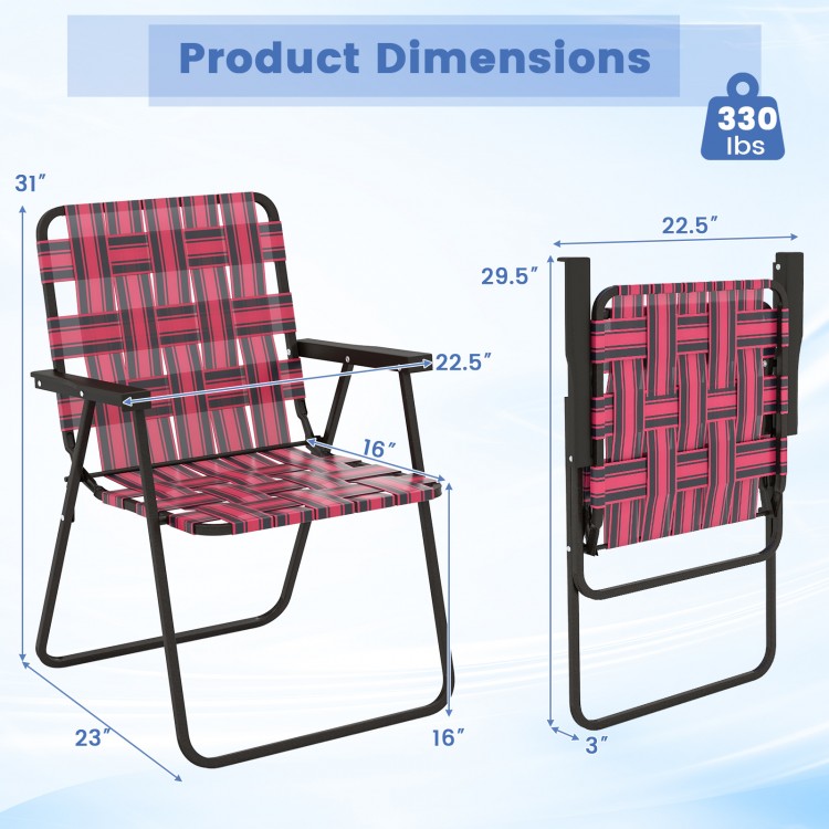 Folding beach chair with red webbing, featuring dimensions and a sturdy frame, ideal for camping and outdoor use.