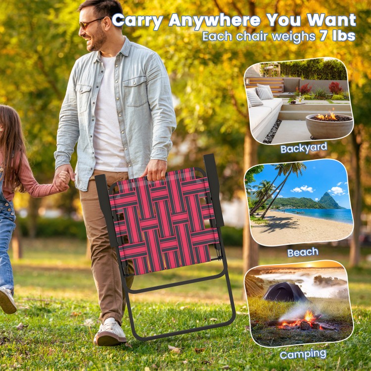 Folding beach chair in red webbing with a portable design, perfect for camping, backyard, or beach outings.