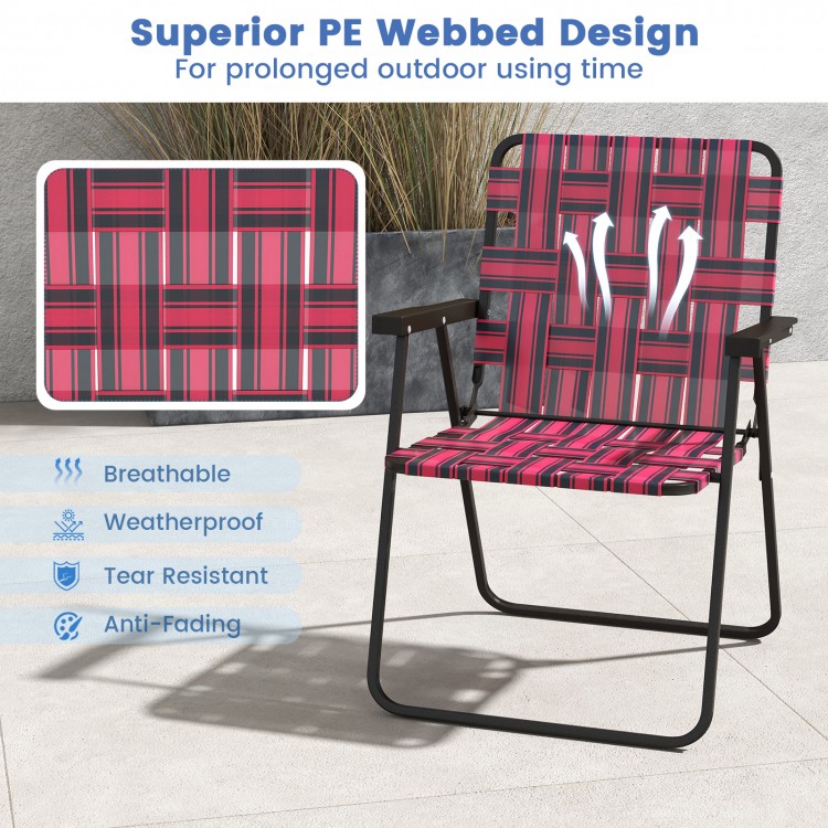 Red folding beach chair with breathable PE webbing, reinforced steel frame, ideal for camping and outdoor activities.