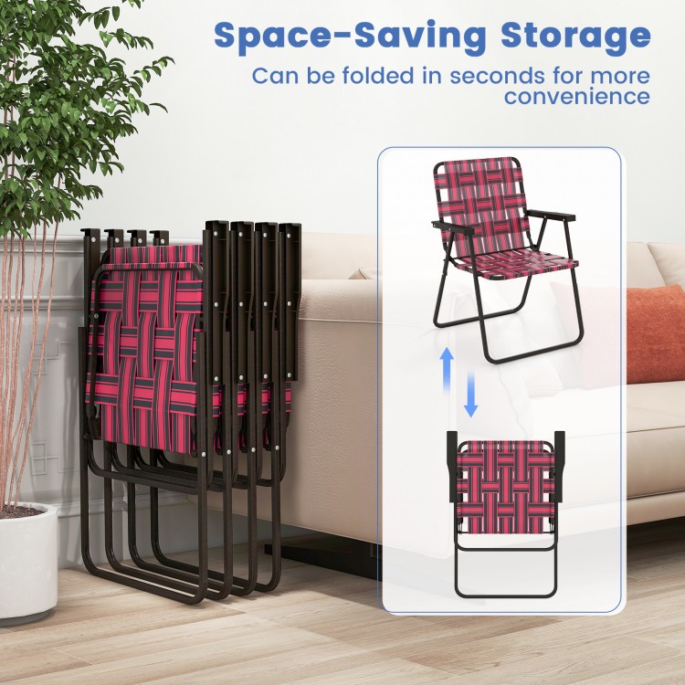 Folding beach chair in red webbing with a steel frame, designed for easy transport and space-saving storage.