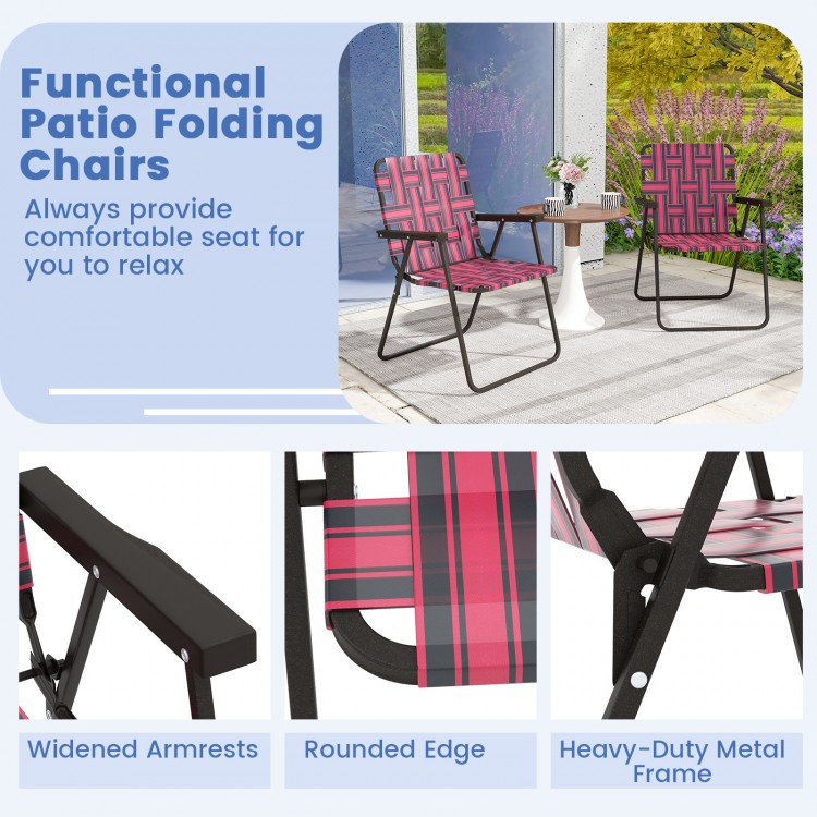 Red folding beach chair with widened armrests and heavy-duty metal frame, perfect for camping and outdoor relaxation.