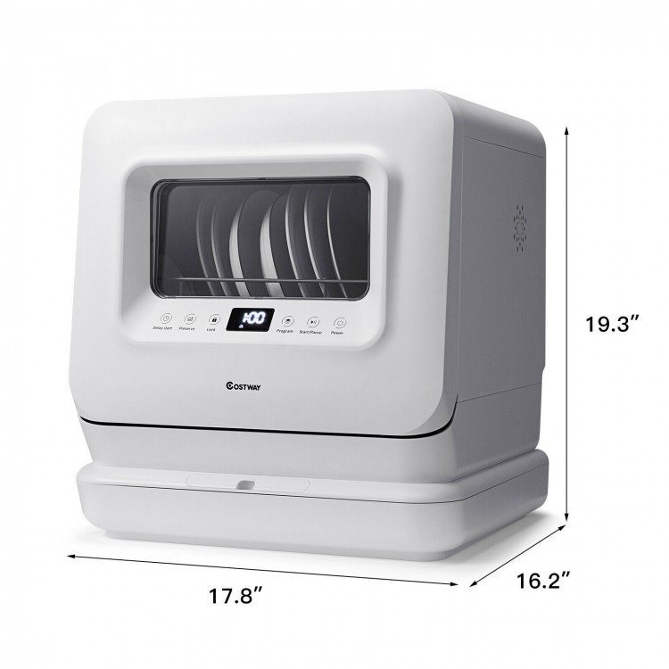 Portable countertop dishwasher with 7.5L water tank, 5 programs, and compact design for easy dish cleaning and drying.