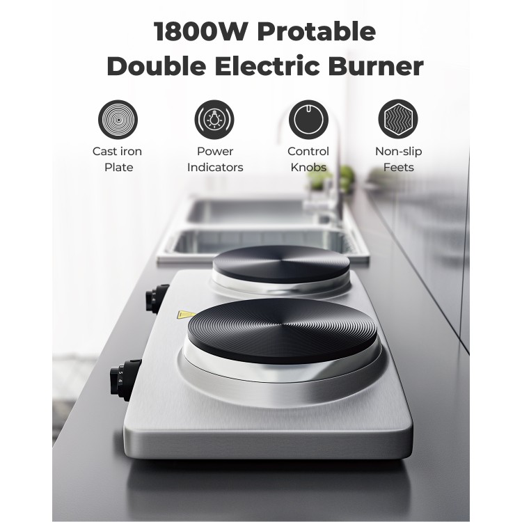 Double electric burner with stainless steel surface, featuring 1800W power, adjustable temperature, and non-slip feet.