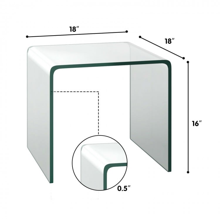 Tempered glass waterfall end table, 18x18x16 inches, with non-slip pads, ideal for minimalist living room or office use.
