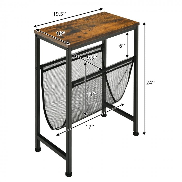 Narrow end table with a mesh magazine holder sling, rustic wood top, and sturdy steel base for small spaces.