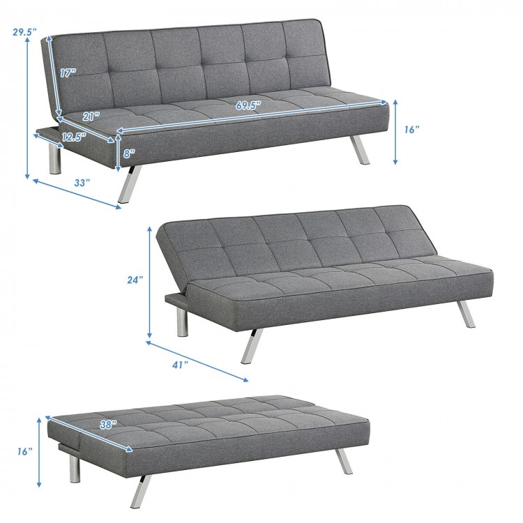 Convertible 3-seat sofa bed in gray linen fabric, adjustable to 3 angles, ideal for small living spaces.