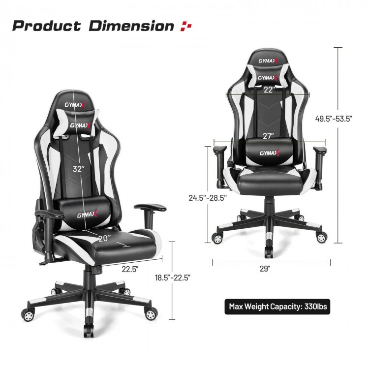 Adjustable swivel gaming chair in white with ergonomic design, 330 lbs capacity, and multiple tilt angles for comfort.