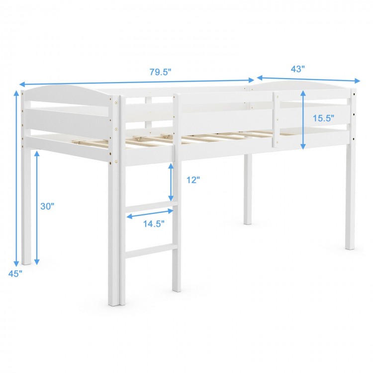 Wooden Twin Low Loft Bunk Bed in white with guard rail and ladder, featuring dimensions for versatile bedroom use.