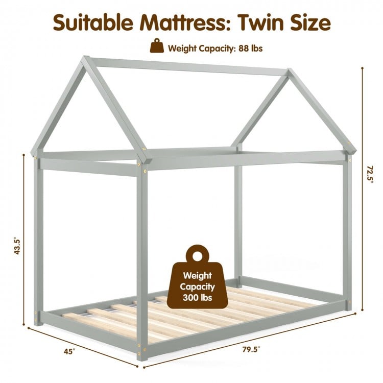 Stable kids platform floor bed in gray with roof, sturdy wooden frame, suitable for twin mattress, easy assembly.