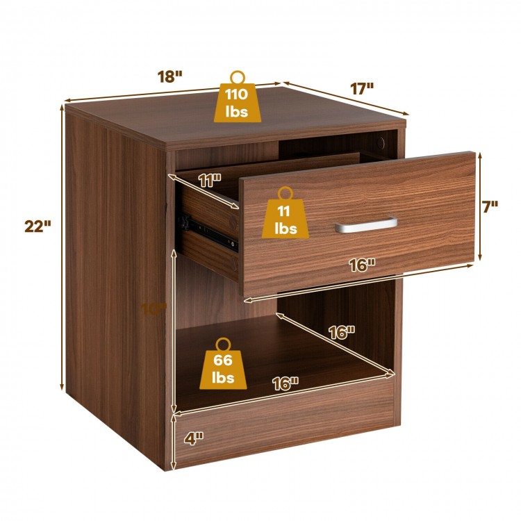 Modern brown nightstand with a storage drawer and open compartment, perfect for bedside or living room use.