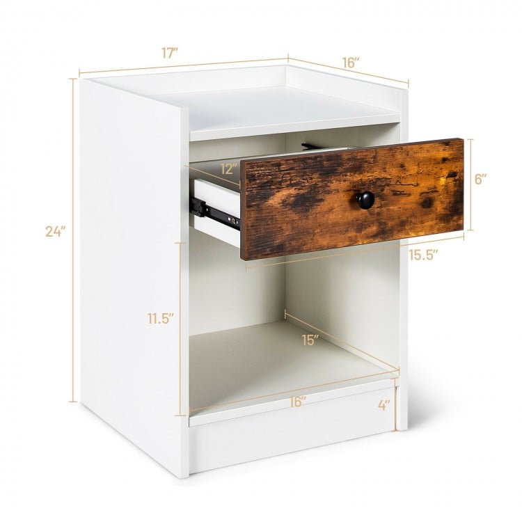 White nightstand with a wooden drawer, featuring a spacious top and open compartment for versatile storage solutions.