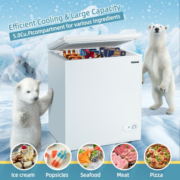 Chest freezer with 5.2 cu.ft capacity and 3 baskets, ideal for organizing frozen food in limited spaces.