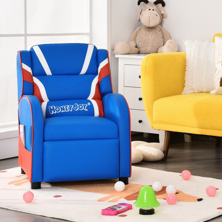 Kids leather recliner chair in blue with adjustable backrest and footrest, perfect for reading or napping.