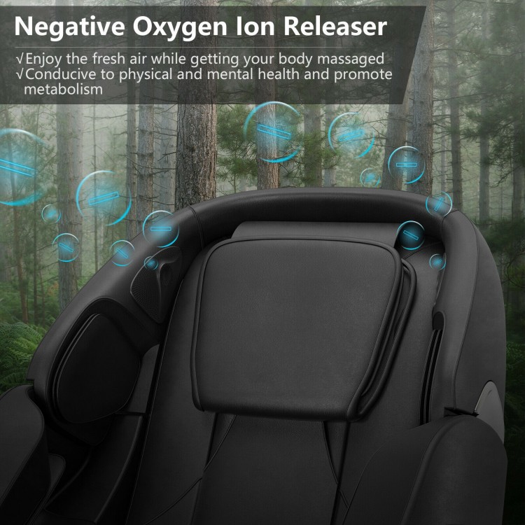 Electric zero gravity massage chair in black featuring a negative oxygen ion function for enhanced relaxation and.