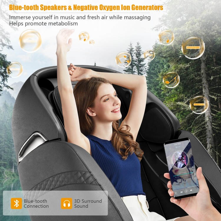 Electric zero gravity massage chair in black with Bluetooth speakers and negative ion generator for ultimate relaxation.