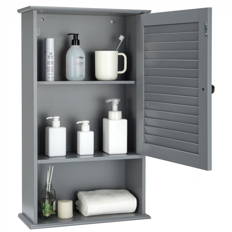 Gray bathroom wall mount storage cabinet with adjustable shelves, featuring a single door and open cubby for organizing.