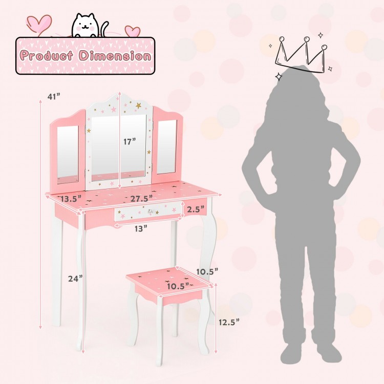 Kids pink vanity table and stool set with tri-folding mirror, drawer, and star patterns for fun and practical use.