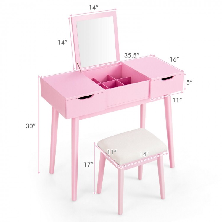 Pink makeup vanity table set with flip top mirror, two drawers, and cushioned stool for stylish bedroom storage.