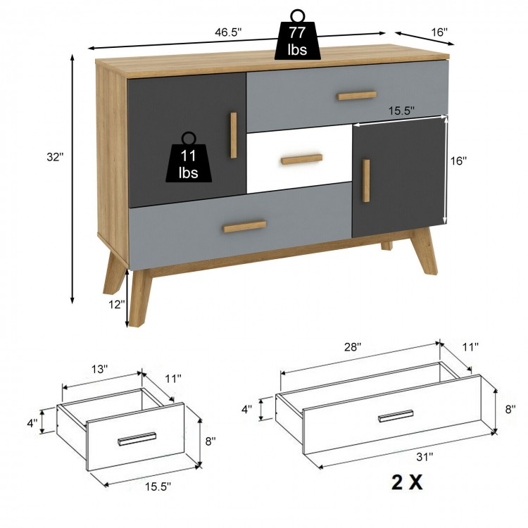 Free-standing storage cabinet with 2 doors and 3 drawers, featuring a modern design and adjustable inner shelf for.