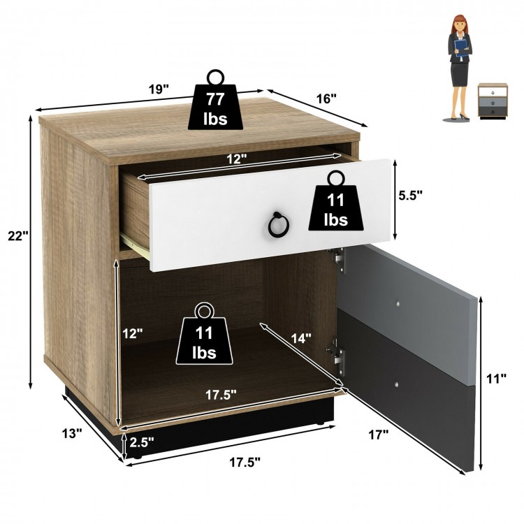 Nightstand with drawer and cabinet, engineered wood, industrial design, ideal for bedroom or living room storage.