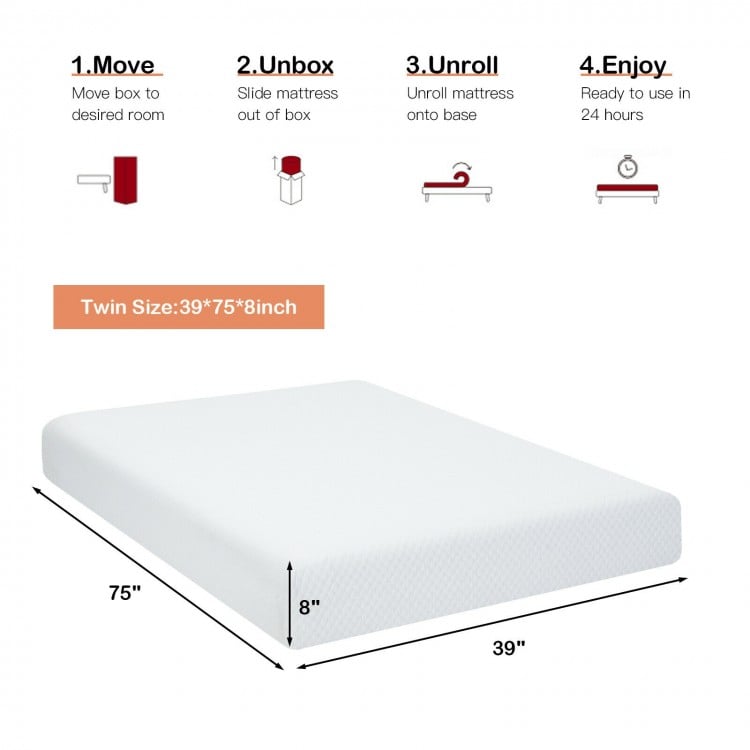Twin size 8-inch foam mattress with breathable jacquard cover, ergonomic design for comfort and support, ideal for.