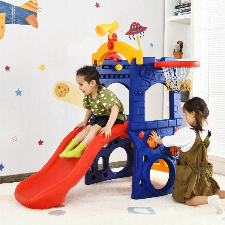 Kids enjoying the 6-in-1 freestanding slide with basketball hoop and ring toss, made of safe HDPE material.