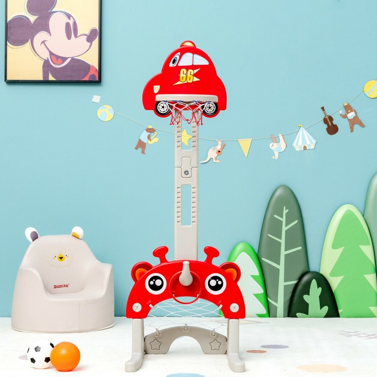 Car-shaped 3-in-1 basketball hoop for kids in red, adjustable height, includes football, basketball, and rings for fun.