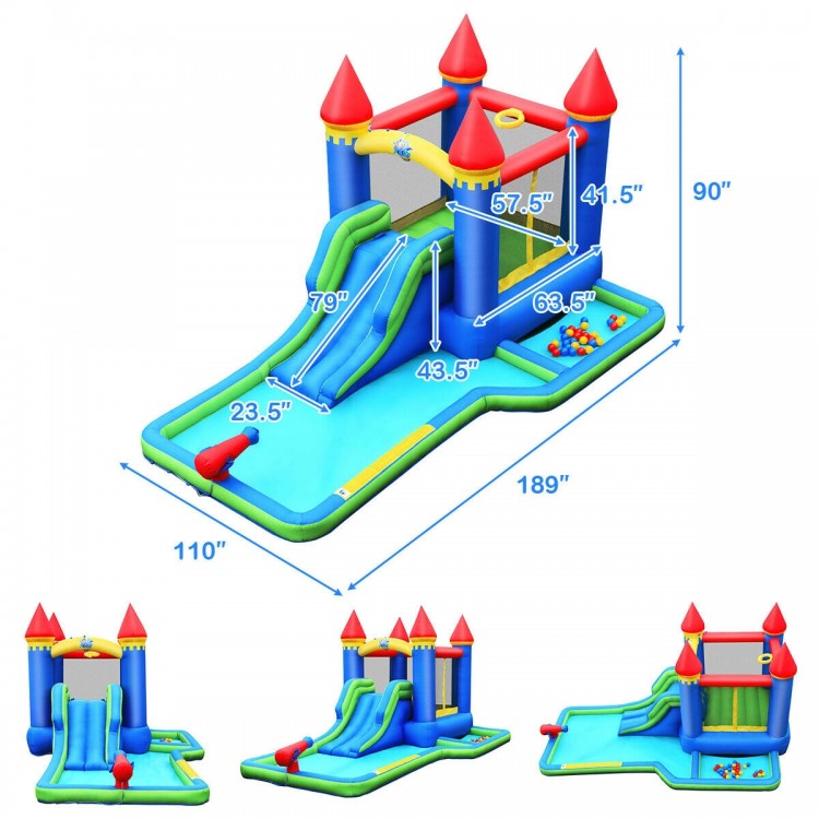 Kids inflatable bounce house water slide with castle design, large pool, slide, and colorful ocean balls for outdoor.