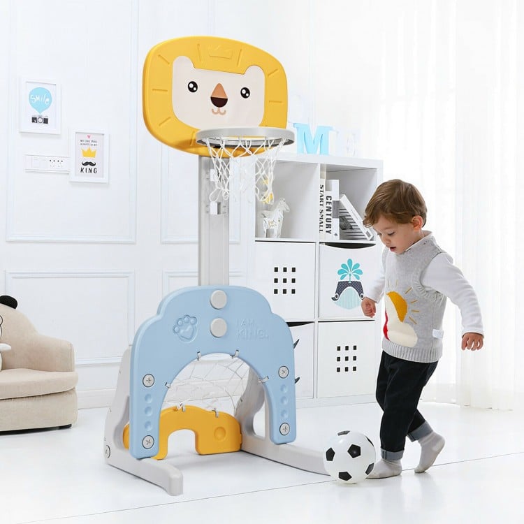 Adjustable kids basketball hoop set in yellow, featuring soccer and golf games, suitable for ages 2 to 7 for indoor.